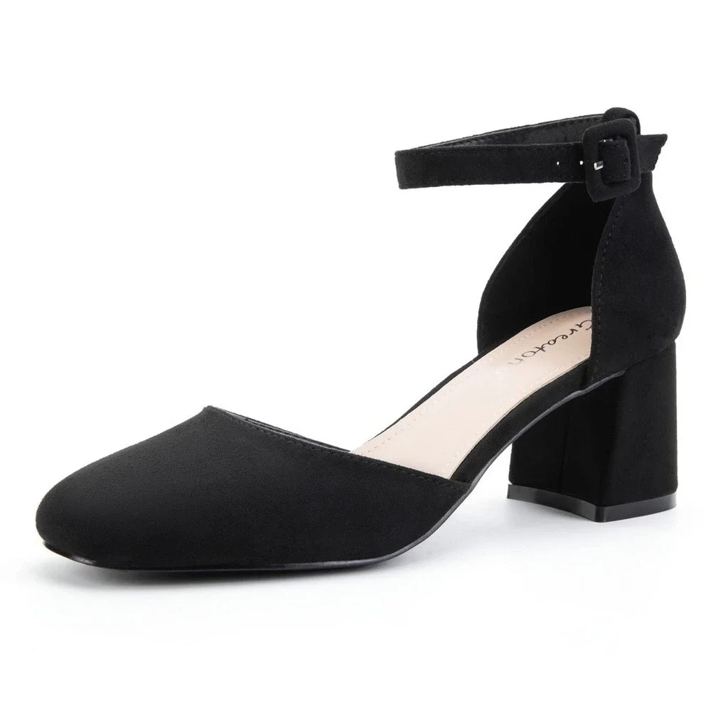 Greatonu Black Suede‎ Block Heel Pumps Shoes Ankle Strap Size 10 Brand New